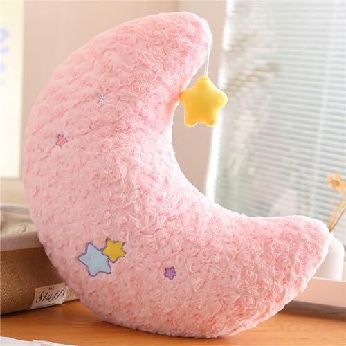 Herfair Kuschelkissen Kinder Niedlich Stern Mond Plüsch Kissen Dekokissen Weiche Flauschige Zierkissen Sofakissen für Kinderzimmer Schlafzimmer Deko (Mond-Rosa)