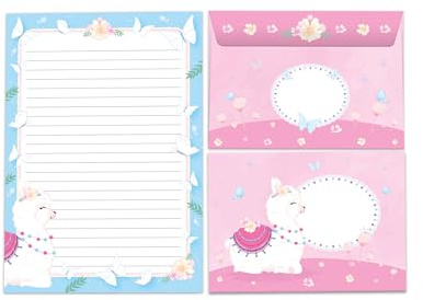 Briefpapier-Set A5 liniert zum Ausmalen mit Umschlag für Mädchen Kinder Schule Lama Alpaka rosa (1 Block mit 25 Blättern + 15 passend bedruckte Briefumschläge)
