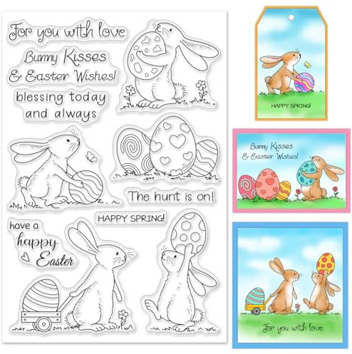 INFUNLY Transparenter Osterhasen-Stempel Wiederverwendbar Transparente Ei-Stempel Für Scrapbooking Fröhliche Ostern-Gummistempel Blumen-Schmetterlings-Wörter Silikonstempel Für Ostern