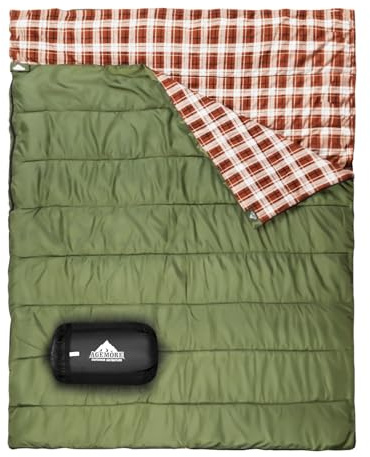 AGEMORE Cotton Flannel Double Sleeping Bag for Camping, Backpacking Or Hiking. Queen Size 2 Person Waterproof Sleeping Bag for Adults Or Teens. Lightweight with Compression Sack
