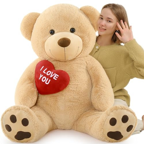 MorisMos 130cm Teddybär groß XXL mit Herz I Love You, Lightbrown riesen Teddys, großer Bär Kuscheltier XXL, Kinder Mädchen Freundin Frauen Mutter