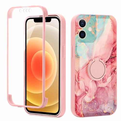 Yoedge Kickstand Phone Case for iPhone 12 6.1,360°Rotatable Magnetic Ring Holder Cases,Full Body Shockproof Silicone Back Cover with Built-in Screen Protector,Pink Marble Pattern for iPhone 12