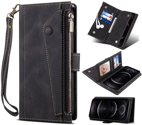 Czhwsm Compatible con Huawei P30 Lite Funda de Piel sintética con Tapa Soporte Correa de muñeca Ranuras para Tarjetas Protectora Caso+2X Cristal Templado-Negro