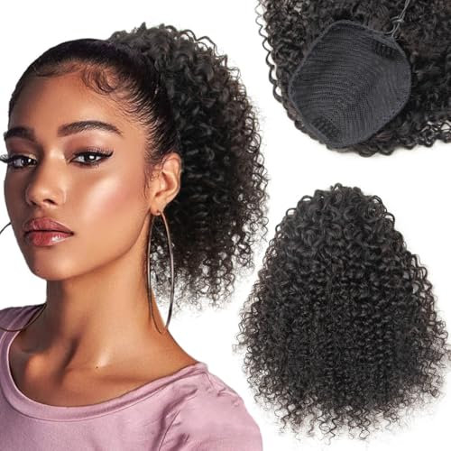ISHEENY Ponytail Extensions de cheveux humains naturels afro kinky bouclés queue de cheval avec cordon de serrage - Perruque afro naturelle bouclée - Pour femme - 20 cm
