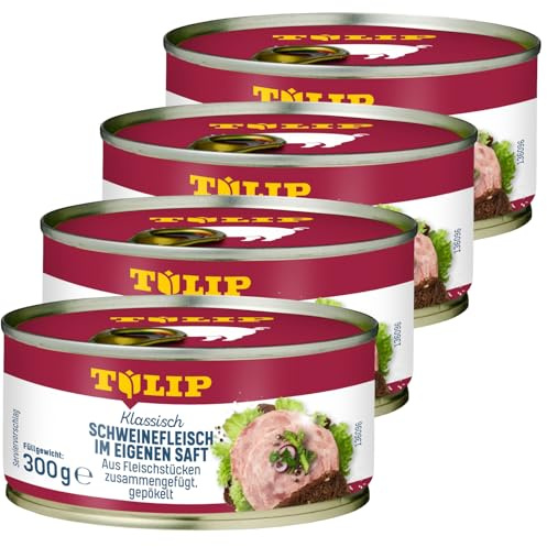 TULIP 4x 300 g Schweinefleisch im eigenen Saft | Fleisch Schwein 94% | Frühstücksfleisch in der Konserve | Ideal als Belag oder zum Anbraten | Konservenfleisch