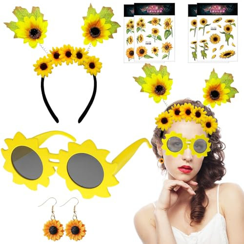 TZQFROCE Sonnenblumen Kostüm Damen Sonnenblumen Accessoires Set mit Sonnenblume Haarschmuck Stirnband Sonnenblume Sonnenbrille Sonnenblume Tattoos für Karneval Fasching Party 60er 70er