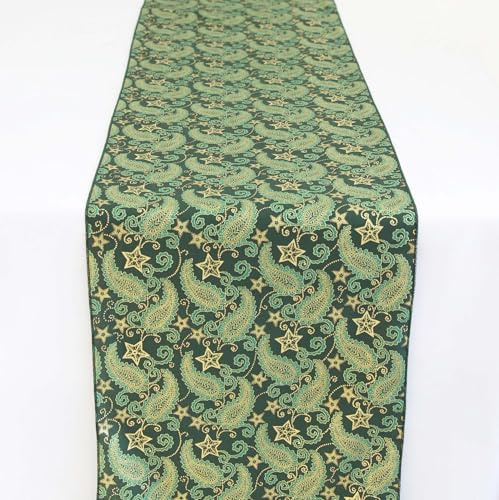 Christmas Table Runner - Perfect for Xmas Parties Event Decor Table Linen Cotton Fabric Tableware Holly Merry (Paisley Print Green/Gold)