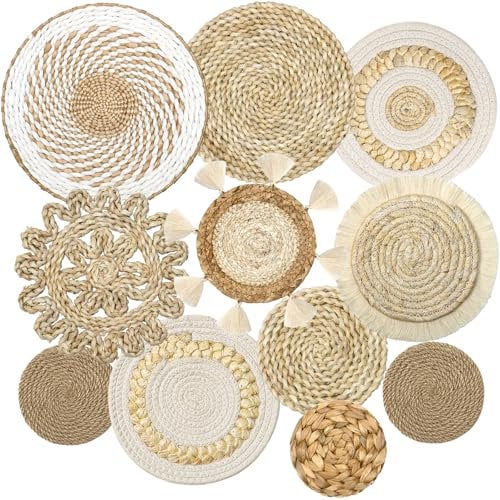 ASTNIC 11er Set Boho Wandkorb Wandbehang Rattan Dekor Set, Runde Gewebte Boho Rustikale Wandkörbe mit Quasten, Makramee Handgewebte Körbe Wandkunst Dekor für Wohnzimmer Schlafzimmer Esszimmer Büro