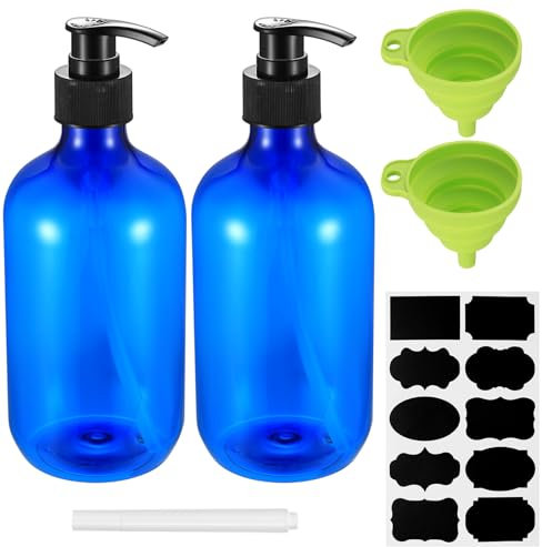 500 ml Shampoo Flaschen zum Befüllen, 2 STK Seifenspender, Kunststoff Spülmittelspender Bad Küche, Shampoo Pumpspender Pumpflasche 500ml, Duschgelspender für Dusche Lotion + Trichter/Etiketten(Blau)