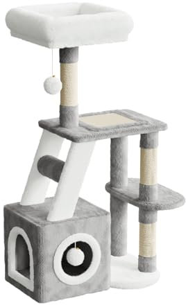 Dogat Cat Tree, 107cm Cat Tree Tower, Cat Climbing Frame with Scratching Post, Multi-Level Cat Activity Centre, Play House Furniture for Small and Medium Cats, Grey and White