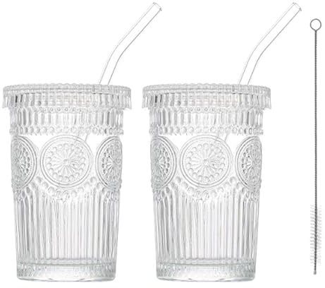 AGH life 4PCS 375ML Ribbed Glass Cups with Lids and Straws, Iced Coffee Cup Set, Clear Drinking Glasses, Glass Water Tumber for Coffee, Milk, Yoghurt, Juice, Soda (Vintage Sunflower-Glass Lid, 2 PCS)
