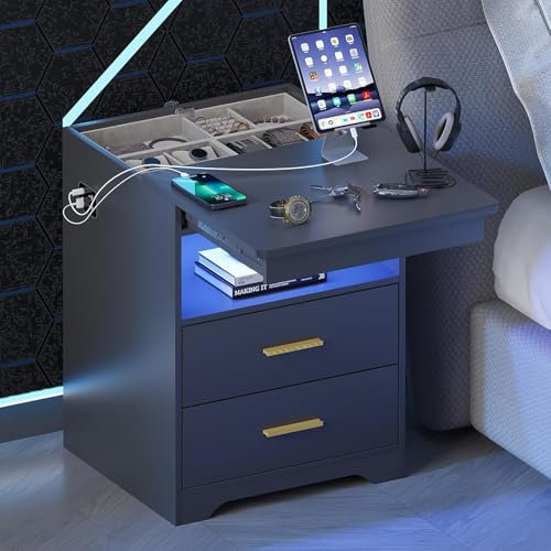 Gurexl LED Nachttisch mit Ladefunktion, Smart Nachtschrank mit Versteckte Schublade, Nachttische mit mit 3 Licht Dimmbar Abschließbare Schubladen USB Type-C Wohnzimmer Schwarz