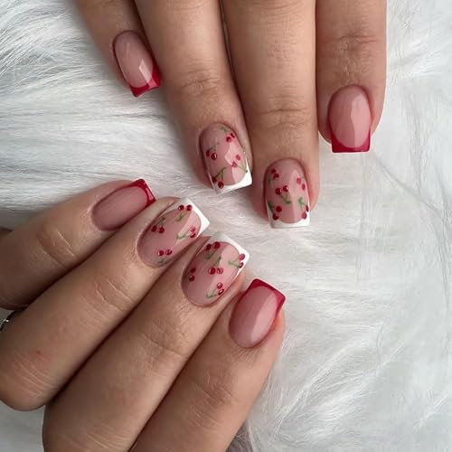 24Pcs French Tip Press on Nails Kurz, Nude French Rosa Rand Künstliche Fingernägel mit Kirsche Design,Glossy Eckig Kunstnägel Press on Nails mit Nagelkleber