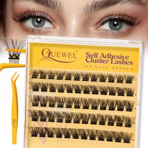 QUEWEL Pre-Glued-Eyelashes Cluster Kit Natural Lash Clusters, D Curve Pre Glued Cluster Lashes, Strong Hold 10-16MM No Glue Needed Self Adhesive Lashes Kit at Home(MJ02)