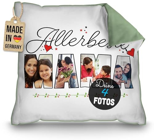 PR Print Royal Personalisiertes Kissen für die allerbeste Mama - mit Collage für 4 Fotos gestalten - Muttertagsgeschenk, Geburtstag, inkl. Füllung, Rückseite Grün, 40 x 40 cm