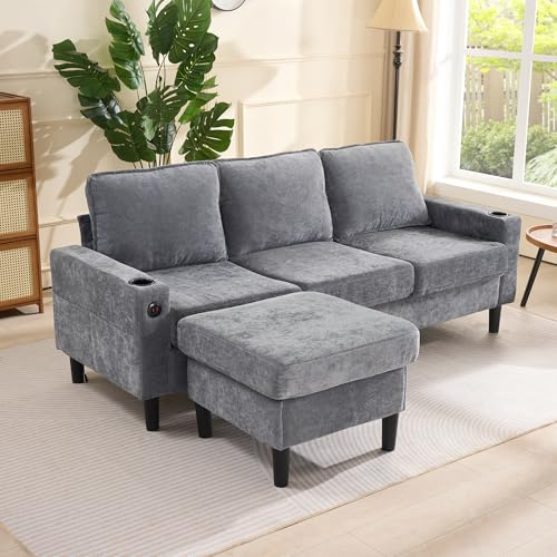 Merax L Shaped Sofa with Reversible Chaise, 3 Seater Corner Sofa with Storage Ottoman, USB Charging & Cup Holder, Sectional Sofa with Washable Covers, Linen Fabric Sofa for Living Room (Grey)
