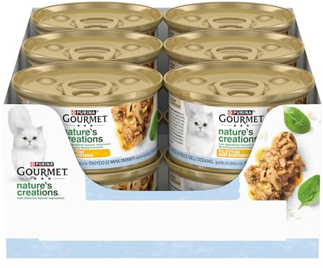 GOURMET NATURE'S CREATIONS Cibo Umido per Gatti Adulti Filettini con Pesce dell'oceano guarnito con spinaci e riso 12 lattine da 85g