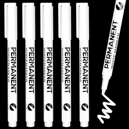 Julyupoli 5 pennarelli bianchi permanenti, penna bianca impermeabile e ad asciugatura rapida, pennarello bianco indelebile, per legno, plastica, pietra, vetro, pelle, metallo, tela