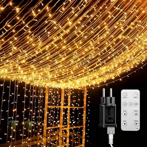 BESCOST LED Lichtervorhang 1200 LEDs, 12×3 m, 8 Modi, 4 Helligkeitsstufen, Timer & Speicherfunktion, IP44 Wasserfest, Fernbedienung bis 10 m, für Innen & Außen – Weihnachten, Party, Deko