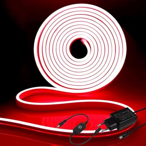 5M Neon LED Strip Rot,12V LED Streifen Dimmbar, IP65 Wasserdicht Lichtband | Schneidbar Lichtleiste für Innen Aussenbereich, Schlafzimmer, Party, Küche Valentinstag Deko TV Beleuchtung(Mit Netzteil)