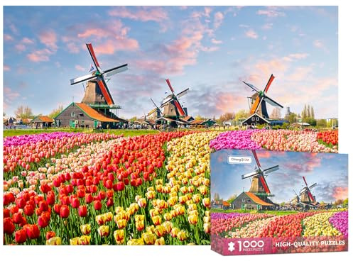 Puzzle 1000 Teile Erwachsene Blumen Landschaft Windmühle | 1000-teiliges Landschaftspuzzle 1000-teiliges Blumenpuzzle 1000-teiliges Windmühlenpuzzle