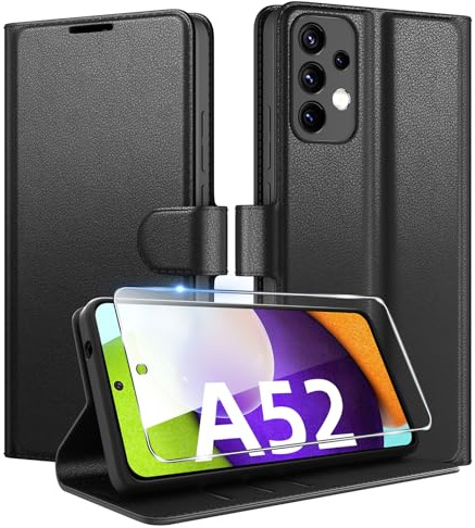 Coiwxmoi für Samsung Galaxy A52 4G/5G /A52S 5G Hülle Mit 1 Stück Panzer Schutz Glas, Premium PU Leder Handyhülle, Standfunktion Schutzhülle Kartenfach Stoßfeste Klapphülle Flip Case Cover Schwarz