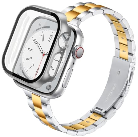HAYONLIY Correa de metal compatible con Apple Watch Strap Women with Case 42 mm 41 mm 40 mm 38 mm, Slim Stainless Steel Band For iWatch Series 11 10 9 8 7 6 5 4 3 2 1 SE