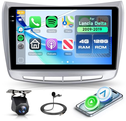 Rimoody 4G+128G Autoradio Android per Lancia Delta 2009-2019, 9 Touchscreen Schermo IN-Cell Carplay Android Auto Senza Fili FM/RDS/EQ GPS WiFi Bluetooth Mirror Link Comandi al Volante Retrocamera