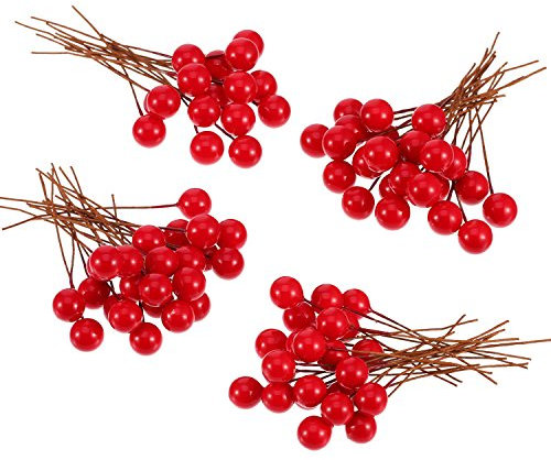 Künstliche Holly Beeren, 100 Stück Mini 10 mm Fake Beeren Dekor auf Draht für Weihnachtsbaum Dekorationen Blumen Kranz DIY Handwerk Gebrauch (Rot)
