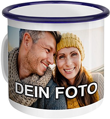 PhotoFancy – Emaille-Tasse mit Foto Bedrucken Lassen – Blechtasse Personalisieren – Nostalgie-Becher selbst gestalten (Medium [300 ml], weiß mit blauem Mundrand)