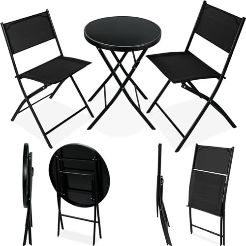 TecTake® Conjunto Muebles Jardín Exterior 3 Piezas con Estructura de Acero, Mesa y Sillas Terraza Resistentes a Intemperie, Topes en Patas, Tela de Secado Rápido, Asas para Fácil Transporte - Negro