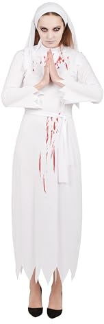 LITTLE CLOWN - Nonnenkostüm - Blutiges Nonnenkostüm - Kleid, Kopfbedeckung, Gürtel - Perfekt für Halloween, Kostümpartys und Themenveranstaltungen, Weiß