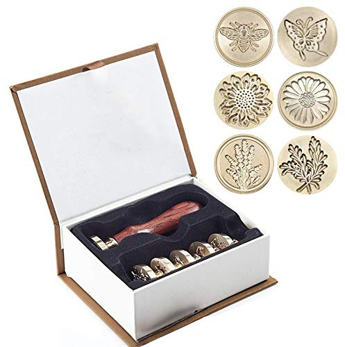 Wachs Stempel Set, 6 PCS Wax Seal Stamp Messing Köpfe und 1 PCS Holzgriff, Kunsthandwerk Vintage Adhesive Sealing Wax Stamp Kit Geschenk für Umschlag Postkartenetikett Hochzeitseinladung (6PCS Plant)