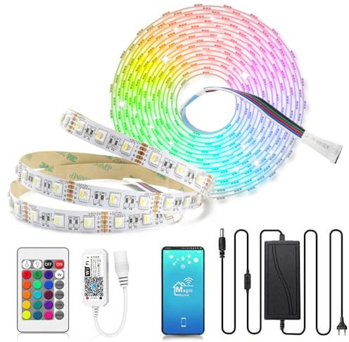 Arotelicht 12 V LED Streifen RGBW Set LED Strip dimmbar RGBCW 5m kaltweiß Lichterkette 5050 300Leds steuerbar via App und Fernbedienung nicht wasserdicht Farbwechsel kompatibel mit Amazon Alexa