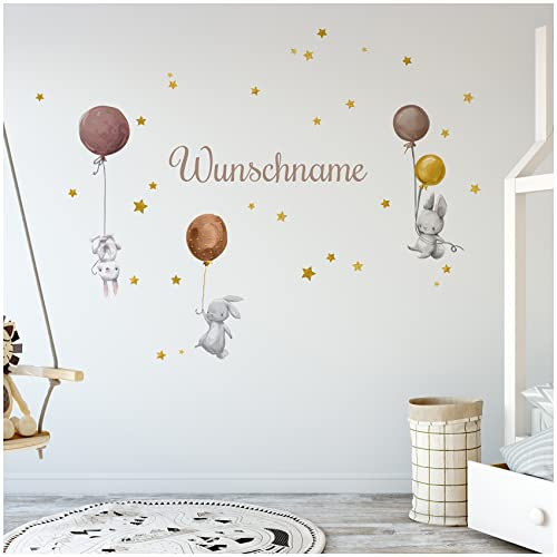 yabaduu Wandsticker personalisiert Sticker Aquarell Tiere mit Name Wandtattoo für Kinderzimmer Babyzimmer Spielzimmer Mädchen Junge Y037 (Nr. 7 Hasen mit Ballons Erdtöne, Mit Wunschname)