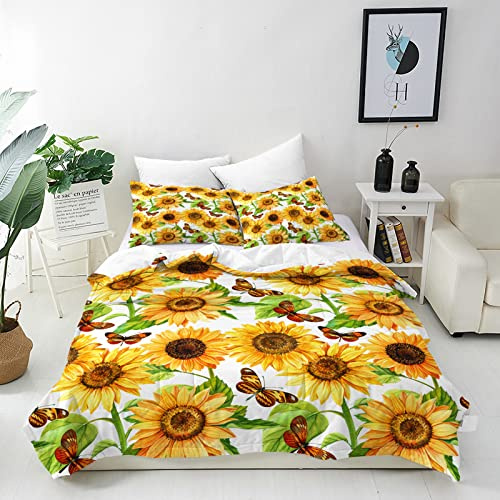 ANHOPE Sunflower Duvet Cover Set, Double Size 200x200cm | Watercolor Floral Butterfly Print, Soft Microfibre, 2 Pillowcases 50x75cm, Printed Bedding Quilt Cover Set for All Seasons