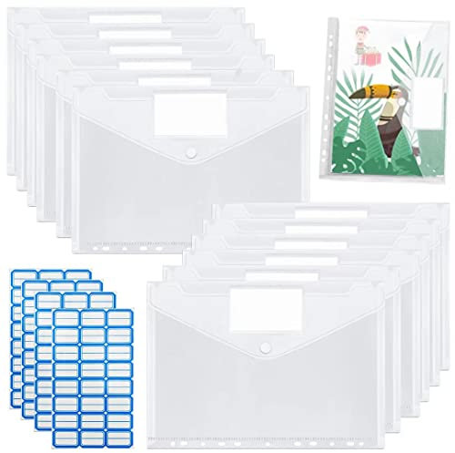 Dokumententasche A4 Abheftbar Klarsichthülle Dokumentenmappe mit Druckknopf A4 Sichttasche Dokumenten Mappen Brieftaschen Tasche für Datei Papier Quittungen(12PCS)