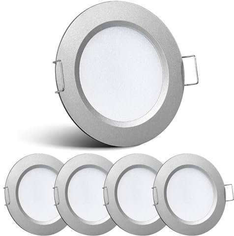 acegoo 4 x Foco LED Empotrable Techo 12V Downlight Regulable 2.5W Plata Blanco frío 5000K IP64 Panel Redondo Extraplano Iluminacion, para Autocaravana Caravana Barco Camión Cocina Baño Muebles