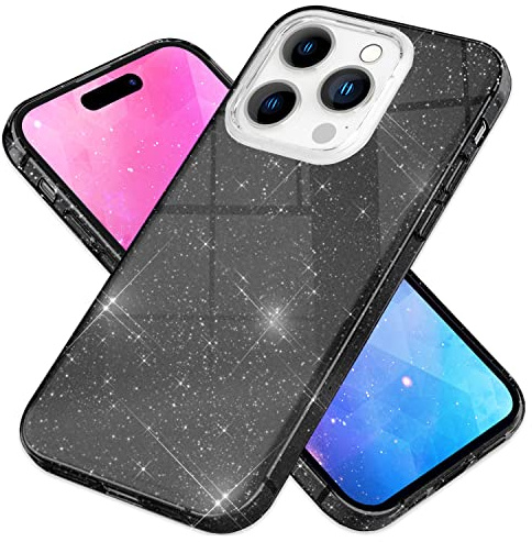 NALIA Glitzerhülle für iPhone 14 Pro - Hülle, Schwarz | Partikel fest im Material eingeschlossen, 3-Schicht-Schutzaufbau mit Hardcase-Kern, Erhöhter Kamerarand, SHINEPOP