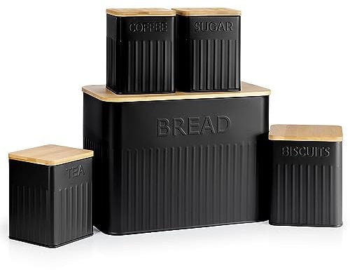 EHC 5pc Kitchen Storage Containers Set with Airtight Lids Includes Set of 3 Airtight Square Tea, Coffee, and Sugar Canisters, Airtight Biscuit Barrel/Cookie Jar, Bread Bin With Wood Lid - Black