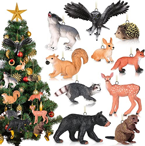 Charniol 10 Pcs Christmas Tree Animal Ornaments Woodland Decorations My Forest Animals Ornament Set Creatures Figurines Kids Crafts Plastic Hanging Xmas Decor