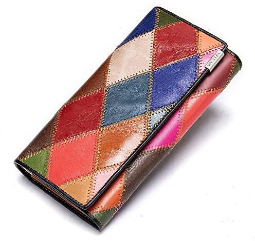 Segater® Frauen Multicolor Lange Geldbörse Echtes Öl Wachs Leder Portemonnaie Random Prismatische Bunte Nähte Kartenhalter Organizer Tasche Mode Telefon Clutch für Weihnachten