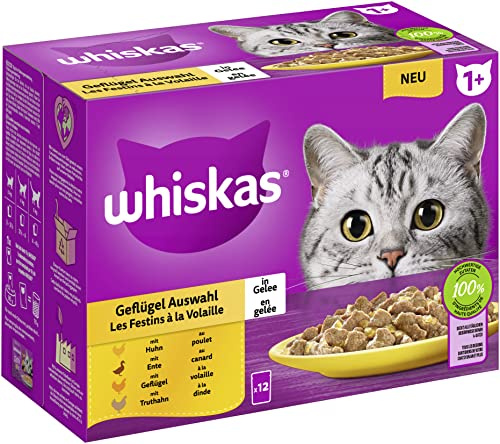 Whiskas 1 + Katzenfutter Geflügel Auswahl in Gelee, 12x85g (1 Packung) – Hochwertiges Nassfutter für ausgewachsene Katzen in 12 Portionsbeuteln