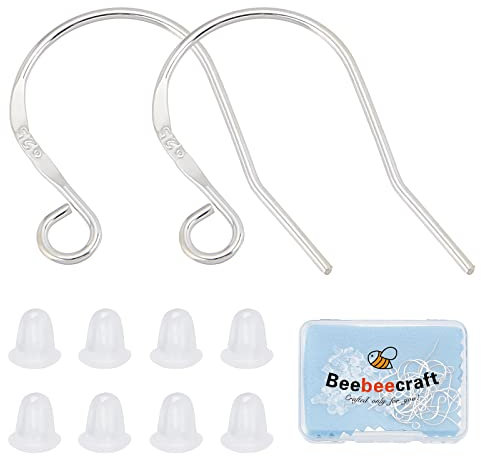 Beebeecraft 10 Pairs/Box 925 Sterling Silver French Earring Hooks 19x13.5mm Fish Hook Ear Wires with 50Pcs Clear Rubber Earring Backs for DIY Jewellery Earring Making