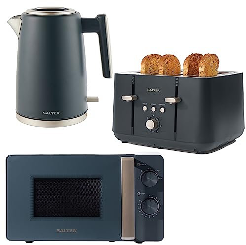 Salter COMBO-8687 Marino Kettle Toaster Microwave Set – Matching Blue Kitchen Countertop Breakfast Set, Rapid Boil 1.7L 3kW Kettle, 4-Slice Anti-Jamming Toaster, 20L 800W Manual Dial Microwave