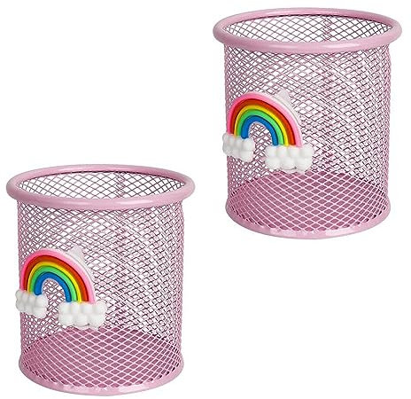UQMIQURA 2 Pièces Pot à Crayons en Métal, Multifonction Porte-Stylo Rond en Métal Pour Desk Office Classroom Home School - Rose
