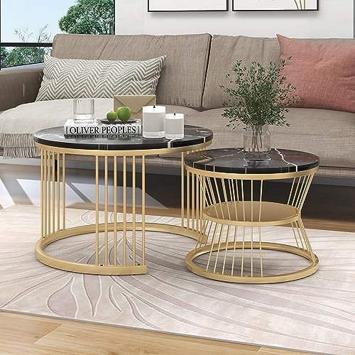 Merax Couchtisch Runder 2er Set, Moderne Nesting Kaffeetisch, Wohnzimmertisch, Sofatisch, Metallrahmen, Marmor Furnier, Satztisch mit offenes Regal für Empfangszimmer, Balkon und Büro, Schwarz