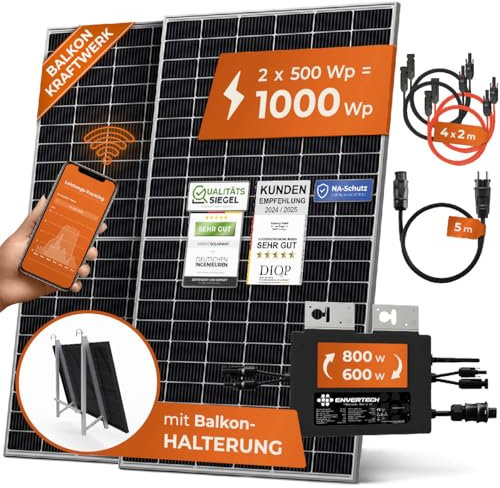 Solarway® 1000W Balkonkraftwerk 800W komplett Steckdose - neuester 800 Watt Wechselrichter - Solaranlage Komplettset - 500W Solarmodule & Envertech & Zubehör