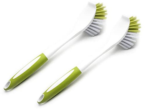 Lot de 2 brosses à vaisselle avec poignée et poils durs - Pour laver la vaisselle, les éviers de cuisine, les casseroles et la vaisselle - Jaune-vert