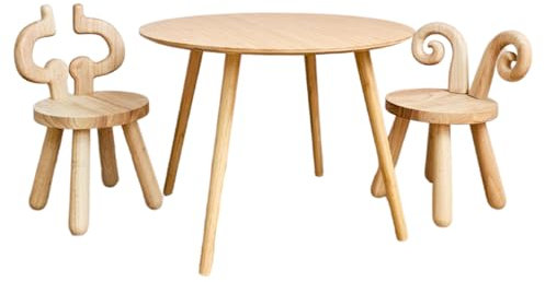 NICITA ® Kindertisch mit 2 Stühle aus Holz - Sitzgruppe für Kinder - Kindersitzgruppe - Kindertisch mit Stuhl - Set - kinderfreundliches Design, REH, Elch, Kuh, Hase,Schaf (Set mit 2 Stühlen)